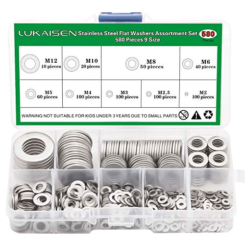 304 Stainless Steel Flat Washers Set 580 Pieces, 9 Sizes - M2 M2.5 M3 M4 M5 M6 M8 M10 M12 Suitable for Home Decoration, Factories Repair, Kitchens, Shops and Outdoor Construction