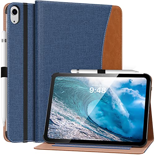 MoKo for iPad 10th Generation Case iPad 10.9 Inch Case 2022, iPad Case 10th Generation [Multi-Angle Viewing] Smart Cover with Hand Strap, Support Touch ID&Auto Wake/Sleep, Denim Blue & Brown