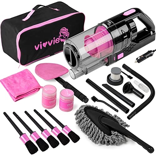 vioview Car Cleaning Detailing Kit Interior Cleaner, 14Pcs Car Cleaning Supplies with High Power Portable Car Vacuum Cleaner, Detailing Brush Set, Windshield Cleaner, Pink Car Accessories for Women