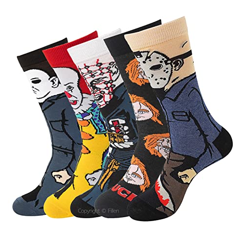 Fillen 5 Pairs Classic Horror Movie Character Cartoon Socks Funny Novelty Scary Design Cotton Socks for Women Men Teen