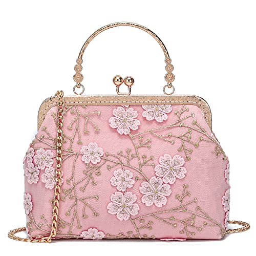 Rejolly Floral Clutch Evening Bag for Women Pink Cherry Blossom Purse Unique Kiss Lock Handbag Shoulder Bag for Wedding