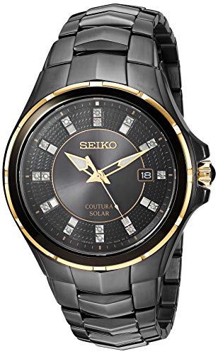 SEIKO SNE506 Watch for Men - Coutura Collection - Solar Powered, with Diamond Markers, Black Ion Finish with Gold Accents, Stainless Steel Case & Bracelet, and Sunray Black Dial