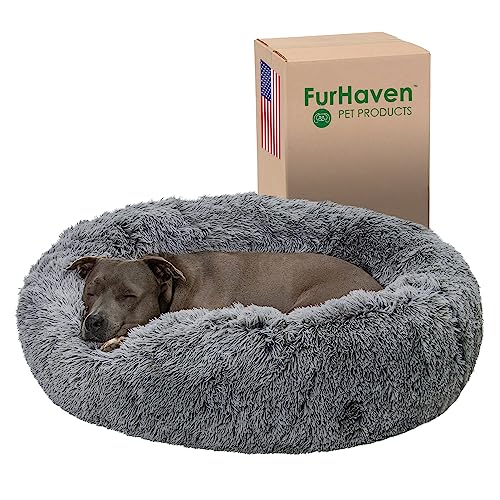 Furhaven 36' Round Calming Donut Dog Bed for Large/Medium Dogs, Refillable w/ Removable Washable Cover, For Dogs Up to 75 lbs - Shaggy Plush Long Faux Fur Donut Bed - Gray, Large