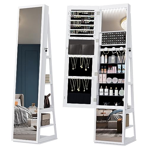 Hzuaneri 16 LEDs Jewelry Cabinet Armoire with 360° Rotating Base, 63' Standing Jewelry Organizer, Lockable Full-length Mirror, 4-tier Storage Shelves, 4-in-1 Multifunctional, White JC16003B