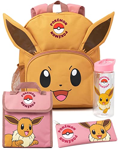 Pokemon Girls Backpack Set | Rucksack Bundle with School Bag, Pencil Case, Lunch Bag & Water Bottle | Eevee Matching Set