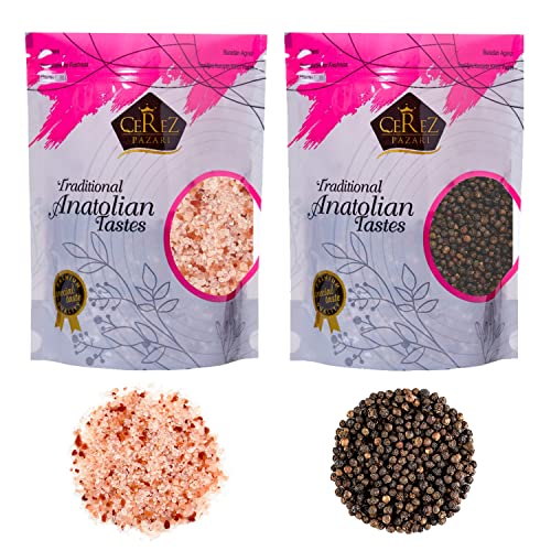 Cerez Pazari Whole Black Peppercorns 12oz, Himalayan Pink Salt (Coarse Grain) 2 lbs, Premium Quality, Freshly Packed For Grinder Refill, Resealable Bulk Bag, Non-GMO and Gluten Free