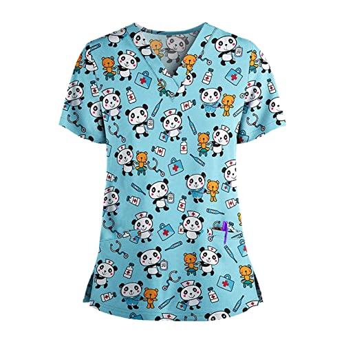 Scrub Tops for WomenWomens Scrub Tops Cute Floral Plus Size Soft Breathable Comfortable Overalls Durable Nurse Uniform Shirts Sky Blue Nurse Tshirts 2XL