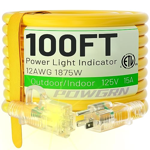 100 ft 12/3 Outdoor Extension Cord Waterproof Heavy Duty with Lighted Indicator End 12 Gauge 3 Prong, Flexible Cold-Resistant Long Power Cord Outside, 15Amp 1875W SJTW Yellow ETL Listed POWGRN