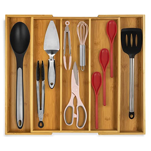 Purawood - Large Premium Bamboo Silverware Organizer - Expandable Kitchen Drawer & Utensil Organizer, 17.5' x 19.75' Cutlery Tray with Drawer Dividers for Kitchen Flatware (3-5 Slots) (Natural)