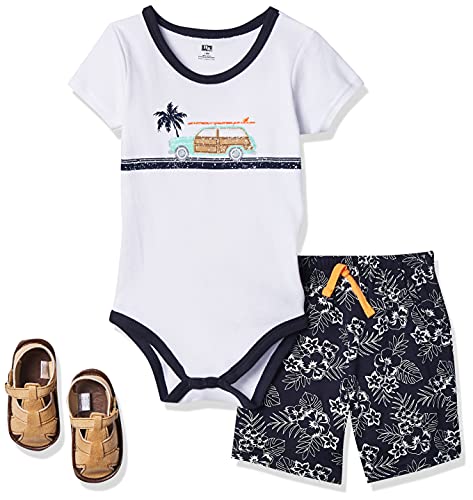 Hudson Baby Unisex Baby Cotton Bodysuit, Shorts and Shoe Set, Surf Car, 3-6 Months