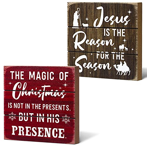 Rustic Christmas Sign Jesus is The Reason for The Season Decor Sign Decorative Wooden Wall Hanging Sign Jesus Snowflake Box Sign Rustic Farmhouse Table Centerpiece for Holiday Tiered Tray (Red, Brown)