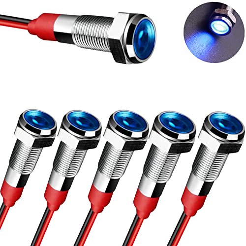 JAIZAIWJ 6pcs Blue LED Metal Signal Indicator Light 12V/24V 10mm（2/5'） Waterproof Flat Signal Lamp Pilot Lights with 150mm Wire for Car Trucks Boats