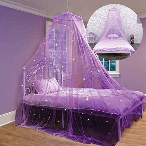 Bed Canopy with Glow in The Dark Stars for Girls, Kids and Babies, Net Use to Cover The Baby, Kid Bed, Girls Bed Or Full Size Bed, Fire Retardant Fabric (Purple)