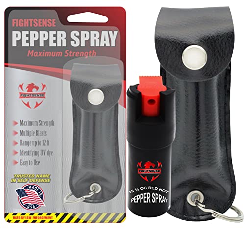 FIGHTSENSE Self Defense Pepper Spray - 1/2 oz Compact Size Maximum Strength Police Grade Formula Best Self Defense Tool for Women W/Leather Pouch Keychain (Black)