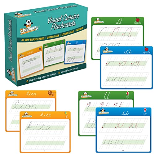 Channie’s Visual Cursive Flashcards, 43 Dry-Erase Cursive Handwriting Flash Cards, Daily Uppercase & Lowercase Cursive Letter Tracing Practice for 2nd-3rd Grade Kids