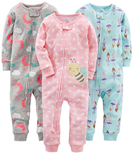 Simple Joys by Carter's Girls' 3-Pack Snug Fit Footless Cotton Pajamas, Ballerina/Moon/Bee, 18 Months
