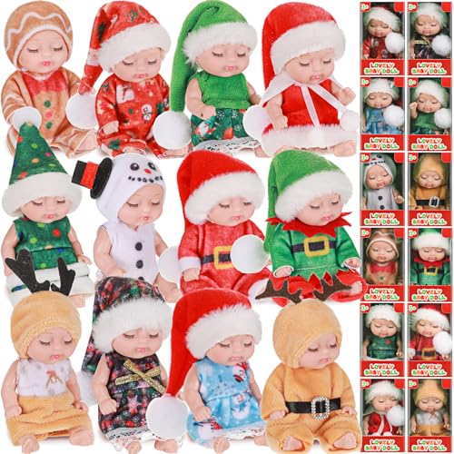 Hanaive 12 Pcs 4 Inch Mini Reborn Christmas Baby Doll Cute Christmas Doll Gifts Realistic Baby Dolls with Animal Clothes Lifelike Mini Baby Dolls Set for Girls Boys 3+ Birthday (Santa)