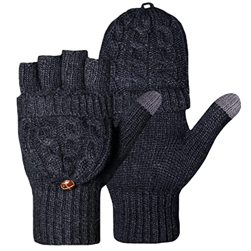 Loritta Winter Gloves Warm Wool Knit Flip Fingerless Gloves Mittens for Women Gifts (F- Black)