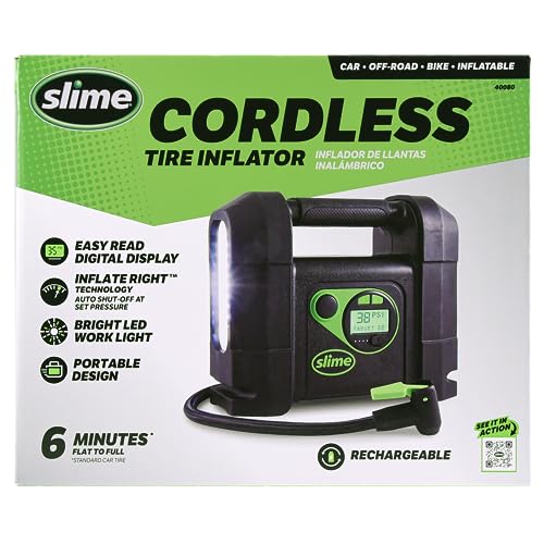 Slime 40080 Cordless Tire Inflator, Rugged Portable Air Compressor Pump with Auto Shut Off, Lithium Ion Battery and LED Light, Rechargeable