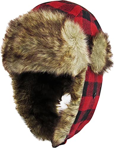 KBW-604 RED-BLK Lumberjack Plaid Aviator Trapper Hat Trooper Ear Flaps Ushanka Eskimo Bomber Russian Cold (One Size, Red Black)
