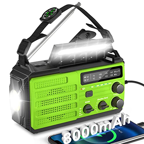 Givoust Hand Crank Radio,AMFM NOAA Weather Alert, Survival, Solar Powered with Super Bright Flashlight,Phone Charger,SOS Alarm,Compass for Hurricane,Outdoor Emergency, 8000mAh, 2023 Newest