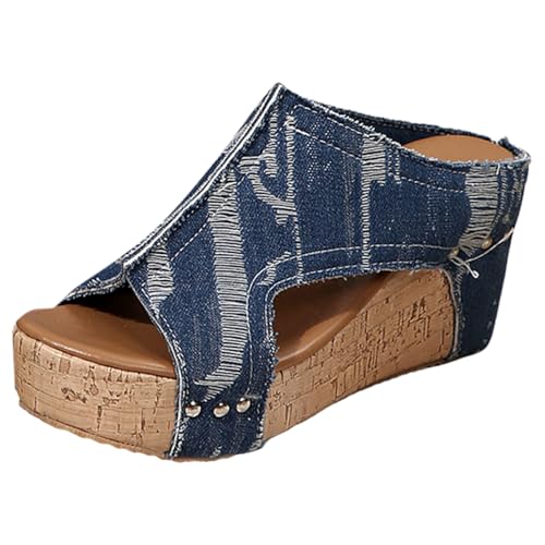 JEUROT Sandals for Women 2024 Open Toe Retro Wedge Heels Wide Width Slingback Casual Dress Sandals PU Leather Orthopedic Platforms Sandal Comfortable Walking Shoes (Blue-B, 6.5)