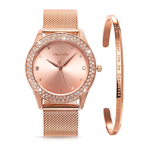 ManChDa Womens Wrist Watch Crystal Case Mesh Stainless Steel Band Bling Ladies Watches Analog Quartz Diamond Classic Fashion Romantic+ Jewelry Cuff Bracelet Set Slim Thin Casual Glitter Dress Watches