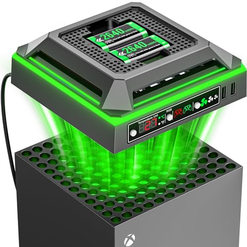 Cooling Fan for Xbox Series X Console with RGB Light, Charger Station with 2 x 2640 mWh Rechargeable Battery Packs for Xbox Series/One-X/S/Elite Controller, Xbox Series X Fan with 3 Gear, TEMP Display