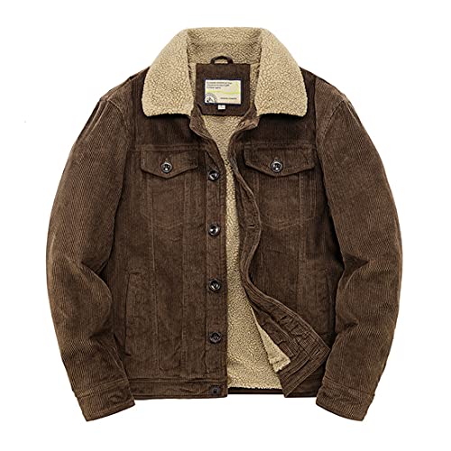 utcoco Men's Vintage Fleece Sherpa Lined Corduroy Denim Trucker Jackets Lapel Button Down Thickened Winter Coats (L, Dark Brown)