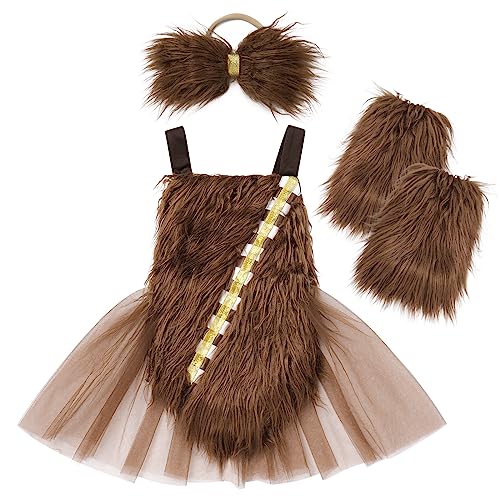 Newborn Baby Halloween Costume Girl Space First 1st Birthday Outfit Romper Dress Up Infant Cosplay Fuzzy Fur Leg Warmers Toddler Christmas Elf Winter Cake Smash Photoshoot Dark Brown 18-24 Months
