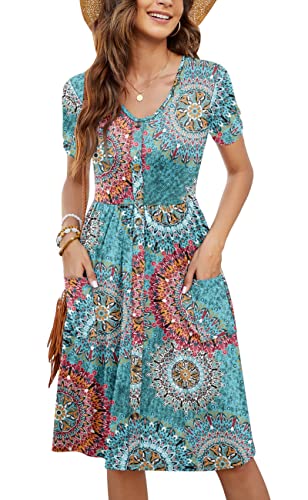 MOLERANI Women Summer Casual Short Sleeve Dresses Button Down Dress with Pockets,Print Green,M