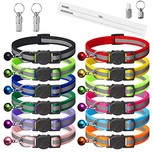 Extodry 14 Pack Reflective-Breakaway Cat Collars with Bells,Safety Buckle Kitten Collar,with Name Tag,Adjustable,Ideal for Girl Cats Male Cats,Pet Supplies,Stuff,Accessories(12 Colors & 2 ID Tags).