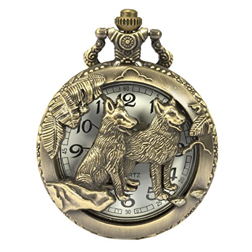 SIBOSUN Pocket Watch Steampunk Wolf Wolves Pattern Chain Box Hollow Case Quartz Arabic Numerals