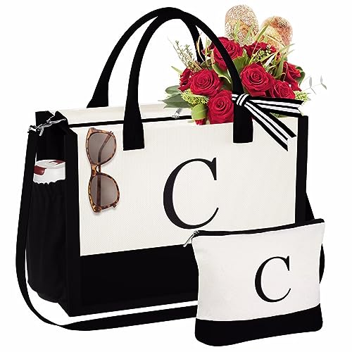 YOOLIFE Personalized Gifts for Best Friend Female - Initial Canvas Beach Tote Bag with Zipper Makeup Bag Bridal Shower Bride Bridesmaids Wedding Gifts Mothers Day Graduation Gifts for Her C