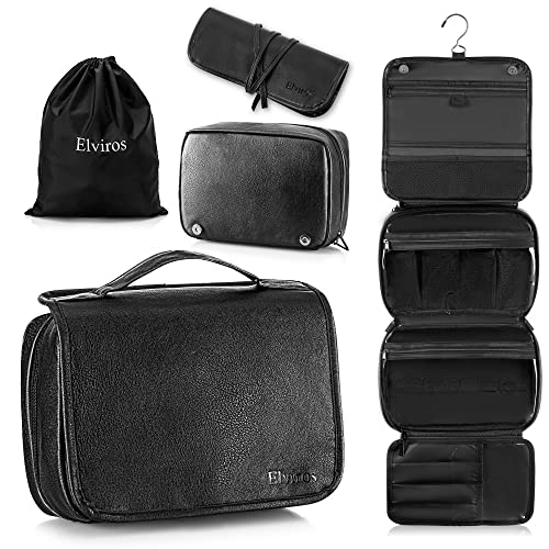 Elviros Toiletry Bag Hanging Travel Organizer for Men and Women, 3 in 1 Multifunctional Large Makeup Cosmetic Case for Toiletries Accessories, Water-resistant PU Leather Bathroom Dopp Kit Shaving Bag (Black)