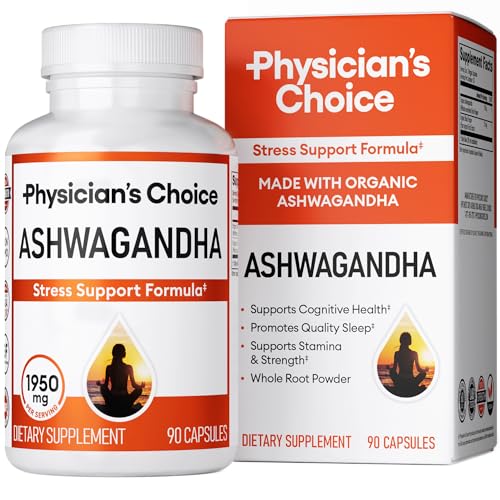 Physician's CHOICE Ashwagandha Supplement - 1950mg of Bioavailable Organic Ashwagandha Root Powder - Black Pepper Extract, Stress Support, Mood Support Supplement, 90 Veggie Ashwagandha Capsules