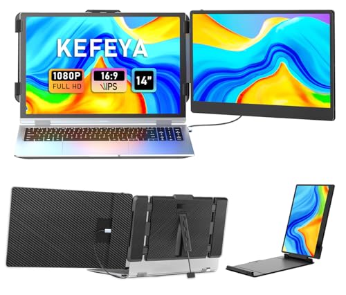 KEFEYA Laptop Screen Extender, 14' FHD 1080P IPS Laptop Monitor Extender Dual Screen, Portable Monitor for Laptops 13-17' with USB-C/HDMI Port, Plug n Play for Windows/Mac/Android/Switch/PS5