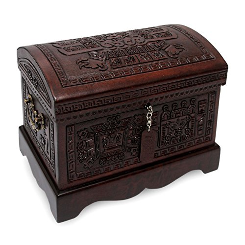 NOVICA Tooled Leather And Wood Handcrafted Treasure Chest Jewelry Box With Organizer Tray, 'Inca Domain'