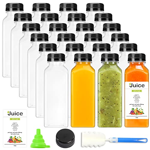 DEPEPE 24 Pack 12oz Plastic Juice Bottles with Caps, Empty Clear Juicing Bottles Reusable Juice Containers with Tamper Seal Lids for Juicing, Drinks and Other Beverages