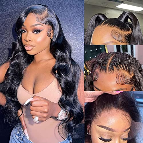 360 Lace Front Wigs Human Hair Pre Plucked, Body Wave Full Lace Human Hair Wigs for Women Transparent Lace Front Wigs Human Hair Can Make High Ponytail And Bun 150% Density Natural Color (black)