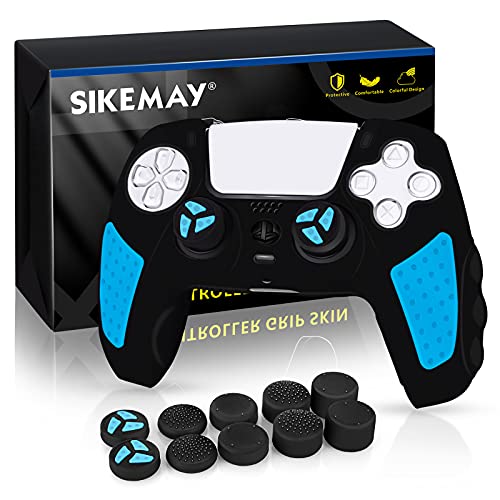 SIKEMAY PS5 Controller Cover Skin, Anti-Slip Thicken Silicone Protective Cover Case Perfectly Compatible with Playstation 5 Dualsense Controller Grip with 10 x Thumb Grip Caps (Black-Blue)