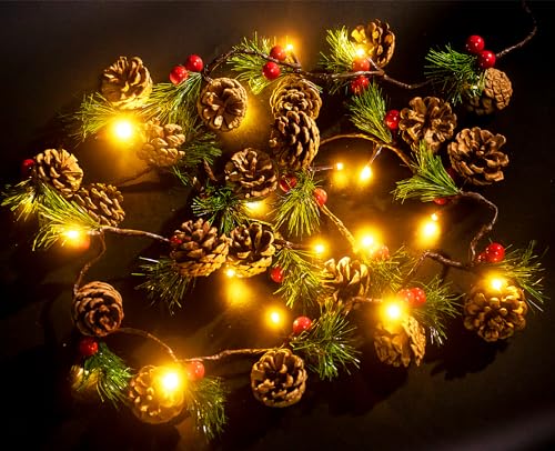 2 PCS Christmas Garland with Lights and Bigger Pine Cones, Led String Lights, Red Berries, Needle, Pine Cone, Xmas Wreath, Christmas Lights for Indoor Decorations, Fireplace, 6.6 FT, 20 Led