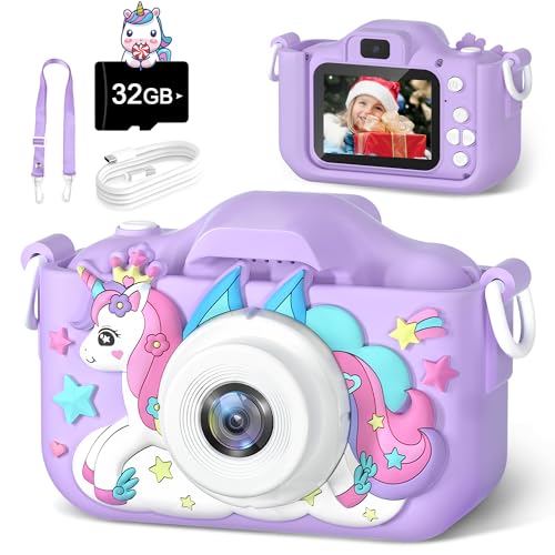 Anesky Kids Camera, Toy Camera for Kids Aged 3 4 5 6 7 8 9 10 11 12, 1080P HD Toddler Digital Video Camera, Children's Camera for Boys and Girls, Perfect Christmas & Birthday Gifts, 32GB Card - Purple