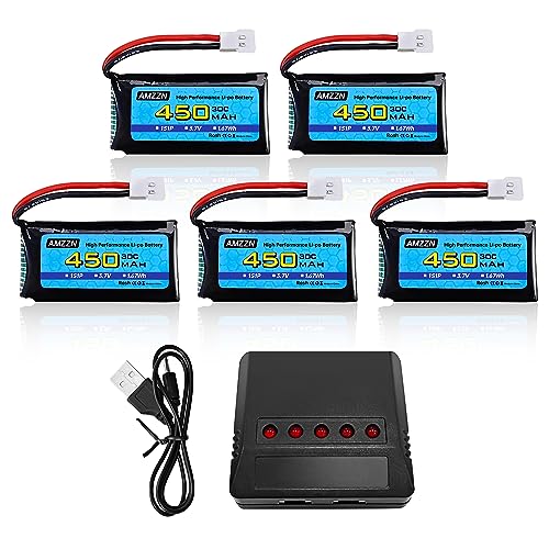 AMZZN 5PCS 3.7V 450mAh 30C Lipo Battery with 5-in-1 Charger Molex Plug Compatible with Most RC Drones, Four Axis Aircraft and SYMA WLToys Hubsan Aircraft Models(5PCS Battery+5-in-1 Charger)