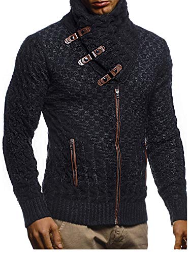 Leif Nelson Men's Knitted Jacket Turtleneck Cardigan Winter Pullover Hoodies Casual Sweaters LN5340; L, Black-Anthracite