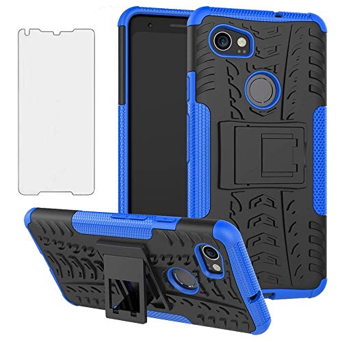 Phone Case for Google Pixel 2XL with Tempered Glass Screen Protector Cover and Stand Kickstand Hard Rugged Hybrid Heavy Duty Protective Cell Accessories Pixle 2 XL Pixel2XL Pixel2 LX Cases Black Blue