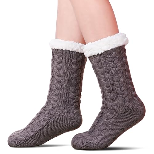SDBING Women's Winter Super Soft Warm Cozy Fuzzy Fleece-Lined with Grippers Slipper Socks (Dark Gray)