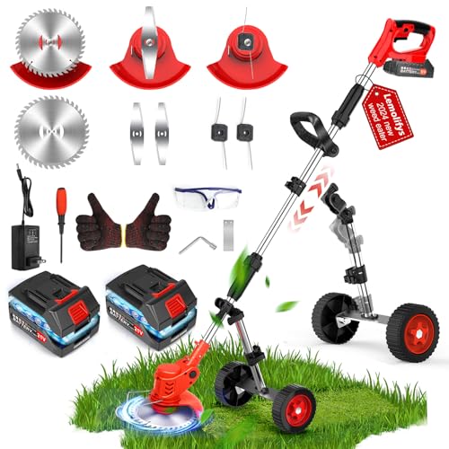 Lemolifys Electric Weed Wacker with Wheels, 2000mAh 21V Battery Powered Weed Eater Cordless, 3 in 1 Lightweight Edger Brush Cutter Weed Trimmer, Stringless Grass Trimmer Mower w/ 2 Battery 1 Charger