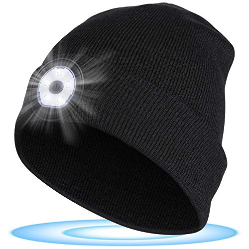 LED Beanie Hat with Light, Knit Hat with Headlight Upgraded 5 LED USB Rechargeable Lighted Beanie Cap Flashlight Hat For Running Fishing Beanie With Headlamp Stocking Stuffers Gifts for Men Women Teen
