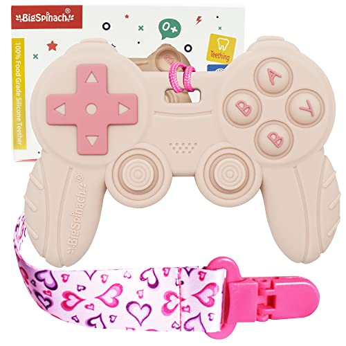 Cool Remote Game Control Teething Toy for Babies 0-6 6-12 Months,Game Controller Teether for Gamer Parents,Baby's First Valentines Day Gifts,Silicone Remote Chew Toys（Pink
